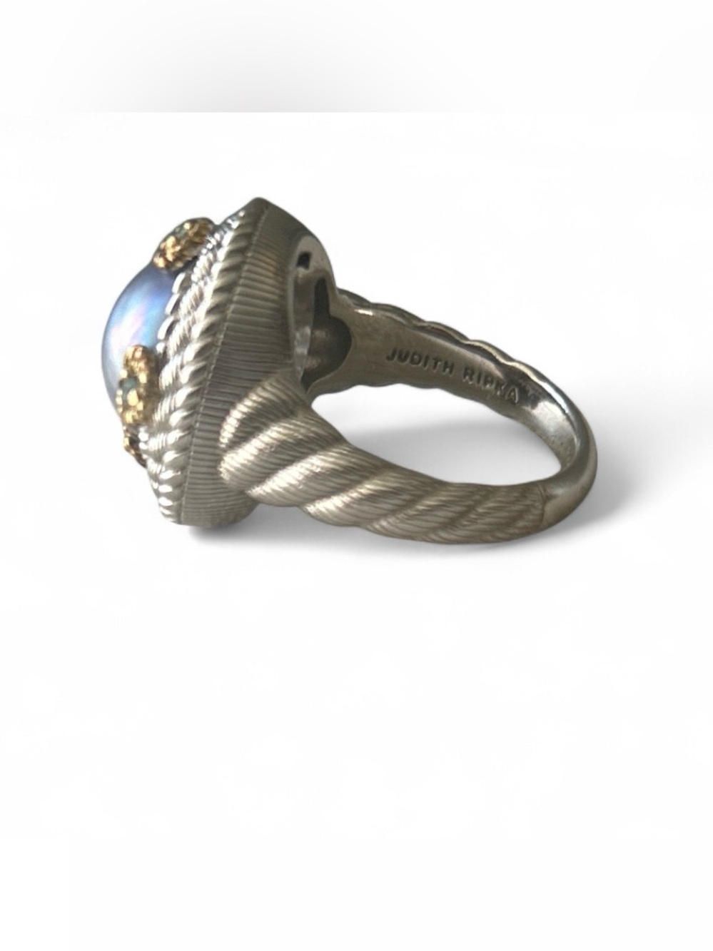 Judith Ripka Sterling Silver 18K Gold Gray Pearl Aquamarine Ring